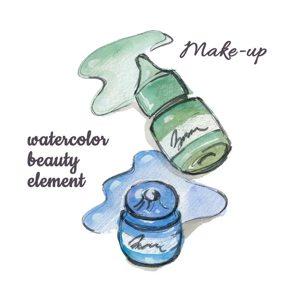 Akvarell färgad permanent makeup pigmentflaska och stänk — Stockfoto