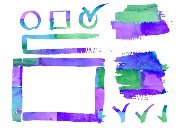 Acquerello Cornici disegno a mano libera muro di mattoni strutturato. Set elementi cornice verde, blu, turchese e viola su bianco. Infografica, Catalogo, sfondo. — Foto Stock