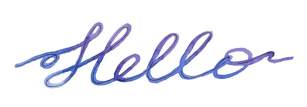 Beyaz arka planda bir Hello sözcüğünün mavi suluboya çizimi. Bir satır harf — Stok fotoğraf