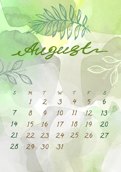 Watercolor August month Calendar template for 2022 year.周开始周日。绿色和灰色的水花和叶子 — 图库照片