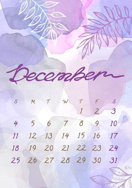 水彩画冬季12月月2022年日历模板.周开始周日。紫色、紫色、灰色和蓝色的水花和叶子 — 图库照片