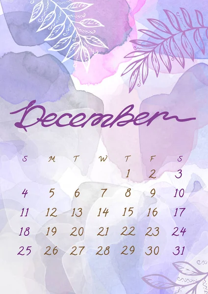 Aquarel Winter December maand Kalender template voor 2022 jaar. Week begint zondag. Paars, violet, grijs en blauw Plons en blad — Stockfoto