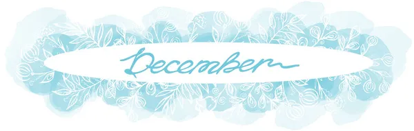 Light Blue one line drawing of a December month in an oval frame with frost floral elementes and watercolor blots on white background. Winter line art text — Stock Photo, Image