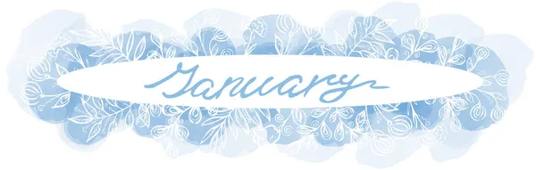 Blue one line drawing of a January month in an oval frame with frost floral elementes and watercolor blots on white background. Winter line art text — Stock Photo, Image