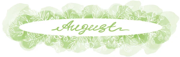 Zöld egysoros rajz egy augusztusi hónapban egy ovális keret virágos elemekkel és akvarell foltok fehér háttér. Nyári line art szöveg — Stock Fotó