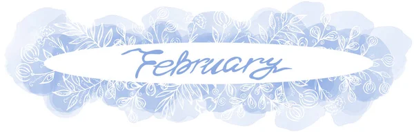 Violet o linie de desen de o lună februarie într-un cadru oval cu elemente florale îngheț și pete de acuarelă pe fundal alb. Linia de iarnă text de artă — Fotografie, imagine de stoc