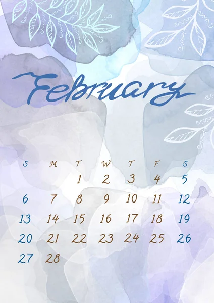 Acuarela Invierno Febrero mes Calendario plantilla para 2022 año. La semana empieza el domingo. Morado, violeta, gris y azul Salpicadura y hoja — Foto de Stock