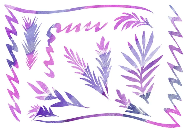 Aquarela Conjunto de design Elementos florais para molduras no estilo de arte de linha em um fundo branco. violeta, roxo, rosa, cinza e lilás cores folha — Fotografia de Stock