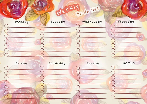 Watercolor color cute rose flower and leaf week to do list. Watercolour red, orange, purple and yellow floral elements on colorful Background — Stock Photo, Image