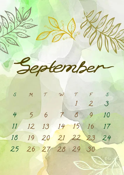 Aquarel Herfst September maand Kalender template voor 2022 jaar. Week begint zondag. Groen, grijs en geel Plons en bruin, oranje en wit blad kleurrijk op de achtergrond — Stockfoto