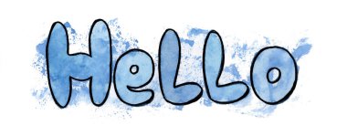 Beyaz arkaplanda merhaba ve mavi suluboya sıçramasının siyah çizimi