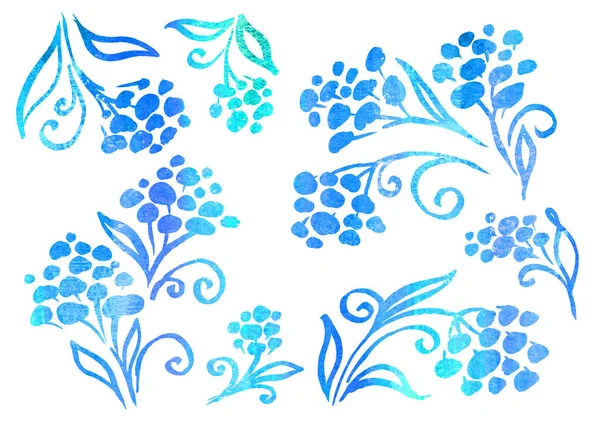 Акварель Набір квіткових елементів у стилі лінійного мистецтва на білому тлі. синій, зелений і бірюзовий лист — стокове фото
