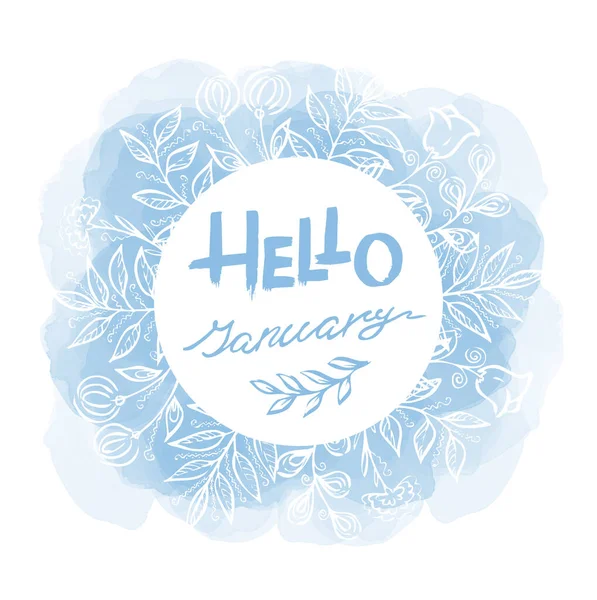 Hello January - blue line art text in an circle frame with frost floral elementes and watercolor blots on white background. Hand drawn one line lettering Winter phrase — Stock Photo, Image