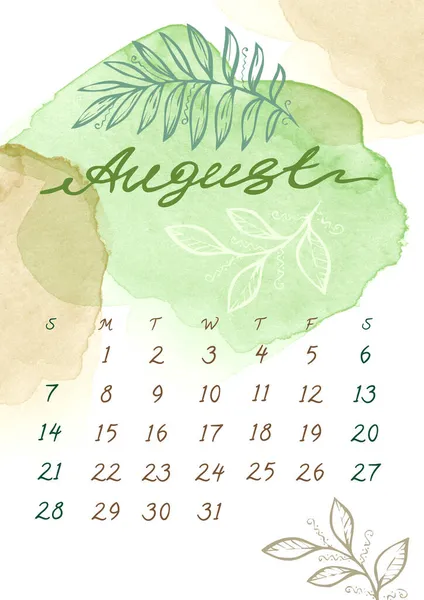 Watercolor August month Calendar template for 2022 year.周开始周日。绿色和褐色水花和叶子 — 图库照片