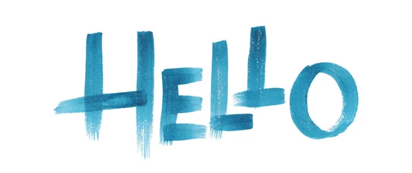 Beyaz arka planda bir Merhaba sözcüğünün mavi suluboya çizimi — Stok fotoğraf