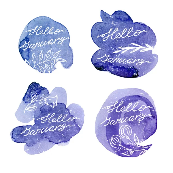 Zestaw Ręcznie narysowany zimowy napis na białym tle. witam Styczeń - tekst na akwarela fioletowy i niebieski okrąg plamy — Zdjęcie stockowe