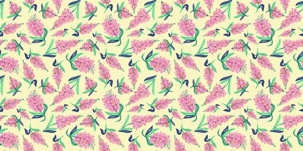 노란 배경에 낙서 스타일로 된 봄의 바다없는 식물상. 포장하고 스크랩북을 하는 분홍빛 꽃 과 녹색 잎 무늬 — 스톡 사진