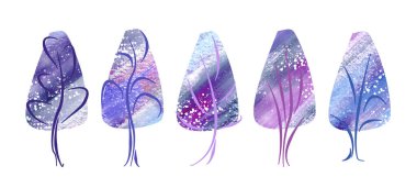 Kış ağaçlarını suluboya, mavi, mor ve mor üstlü sanat tarzıyla ayarla