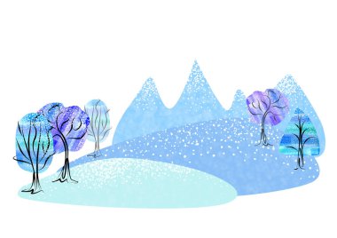 Suluboya Kış Dağları Orman ve tepelerle çevrili. Mavi ve mor renkler