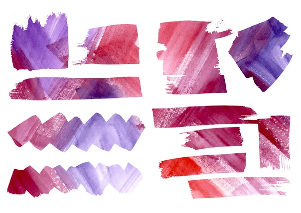 Akvarell konstnärlig fri hand ritning uppsättning röda, lila och violetta fläckar och stänk. Akvarell ram abstrakta element på vit bakgrund. Infographic, manga och katalog — Stockfoto