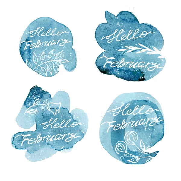 Set Hand drawn one line lettering winter phrase on white background. hello February - text on Watercolor turquoise circle blots — Stock Photo, Image