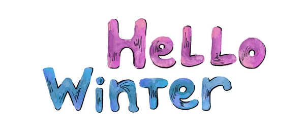Привіт зима - рукописний текст напис для зимового дизайну. Акварельний сценарій. Фіолетовий і синій кольори — стокове фото