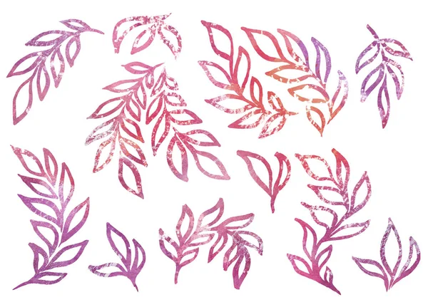 Acuarela Conjunto de elementos florales en el estilo de arte de línea sobre un fondo blanco. Acuarela hoja de degradado naranja, rojo, violeta y púrpura —  Fotos de Stock
