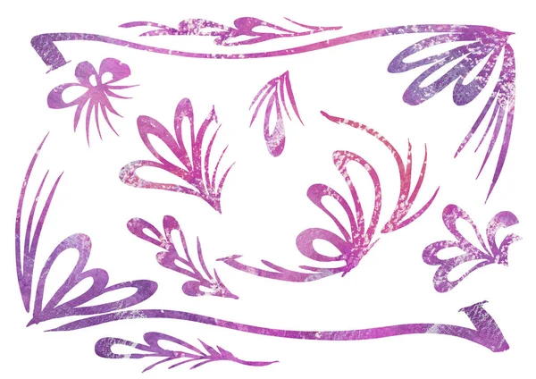 Aquarelle Ensemble d'éléments de design pour cadres dans le style de l'art linéaire sur un fond blanc. violet, violet, rouge et lilas — Photo