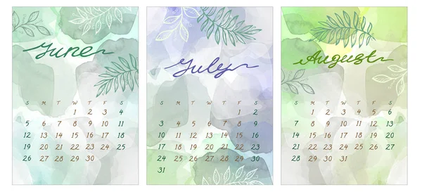 Watercolor Set Summer month Calendar template for 2022 year. June, July and August. Week Starts Sunday. Green, violet and gray gradient colorful Splash, blot and leaf — Stock Photo, Image