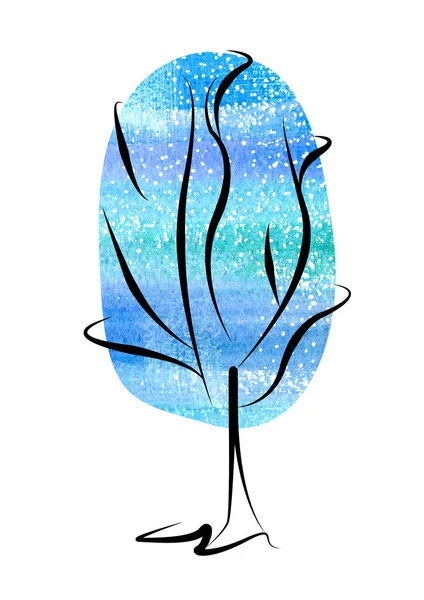 Стиль мистецтва зимової лінії дерева з акварельним синім і бірюзовим колом зверху — стокове фото