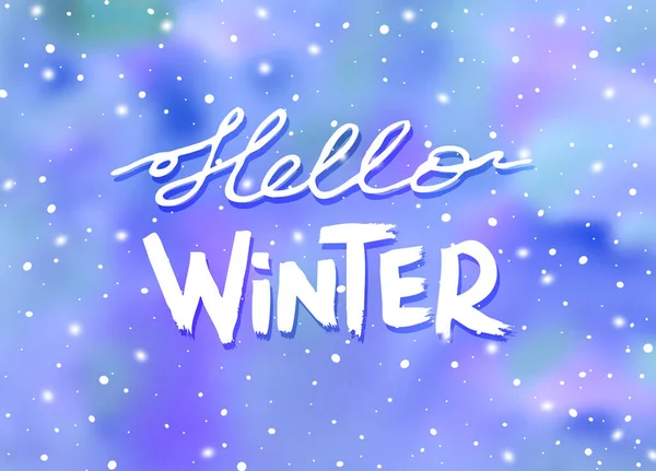 Hola texto de invierno sobre fondo acuarela. Pincel blanco con letras en el cielo multicolor de invierno Fondo. Colores azul y violeta — Foto de Stock