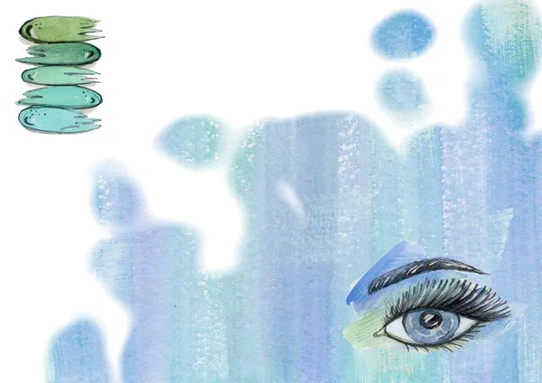 Makeup-Elemente auf Aquarell malen abstrakten Hintergrund. Blauer und grüner Fleck und Tropfen Textur. Hintergrund von Spots für Verpackung und Web — Stockfoto