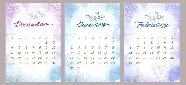 Watercolor Kış Ayını Ayarla Takvimi 2022 yılı şablonu. Aralık, Ocak ve Şubat. Hafta Pazar başlıyor. Mavi, mor ve mor renkli gradyan Beyaz arkaplanda sıçrama, leke ve çiçek — Stok fotoğraf