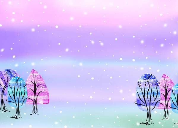 Υδατογραφία Χειμώνας νυχτερινός ουρανός και δάσος τοπίο. Violet, μπλε, τυρκουάζ και μοβ χρώματα. Θολή φόντο — Φωτογραφία Αρχείου