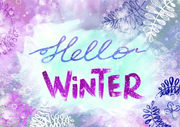 손에는 겨울 문구를 푸른 하늘에 한 줄로 그려 놓았다. 보라색 배경 과 보라색 배경. Hello Winter - Watercolor line art text with floral elements on the snow Backdrop — 스톡 사진