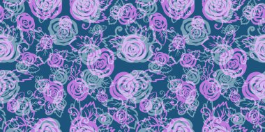 Çok renkli suluboya çiçek desenli pembe ve gri dallar ve mavi arka planda gül çiçeği. Paketleme ile çiçek ögesi