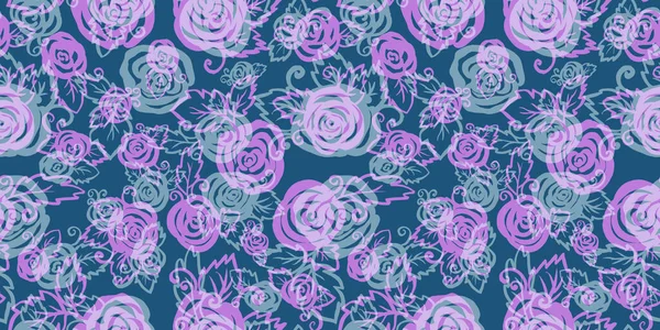 Πολύχρωμο Spring ακουαρέλα floral Απρόσκοπτη μοτίβο ροζ και γκρι υποκατάστημα και τριαντάφυλλο λουλούδι σε μπλε φόντο. Στοιχεία λουλουδιών με συσκευασία — Φωτογραφία Αρχείου