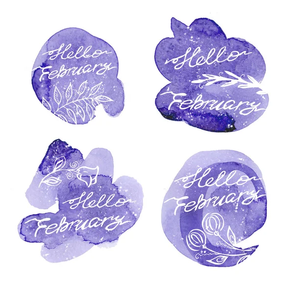 Set Hand drawn one line lettering winter phrase on white background. hello February - text on Watercolor violet and blue circle blots — Stock Photo, Image