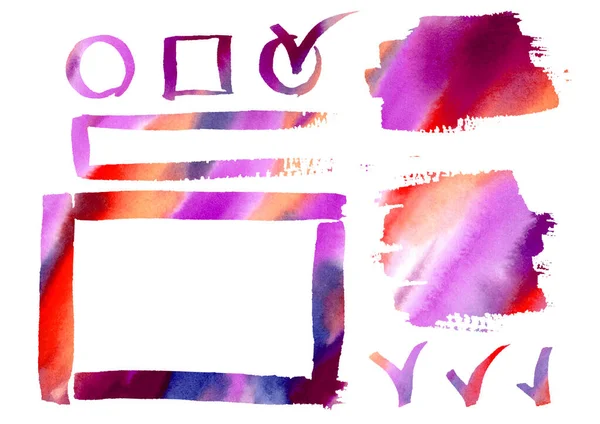 Quadri ad acquerello disegno a mano libera. Set rosa, rosso, viola e arancione Elementi di cornice su bianco. Infografica, Catalogo, sfondo. — Foto Stock
