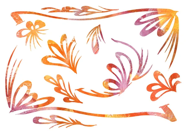 Aquarela Conjunto de elementos de design para molduras no estilo de arte de linha em um fundo branco. Cores laranja, violeta e marrom — Fotografia de Stock