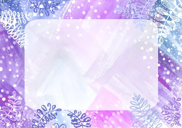 Rectangular Watercolor Frame for text, snow and leaf on Winter Background — 스톡 사진