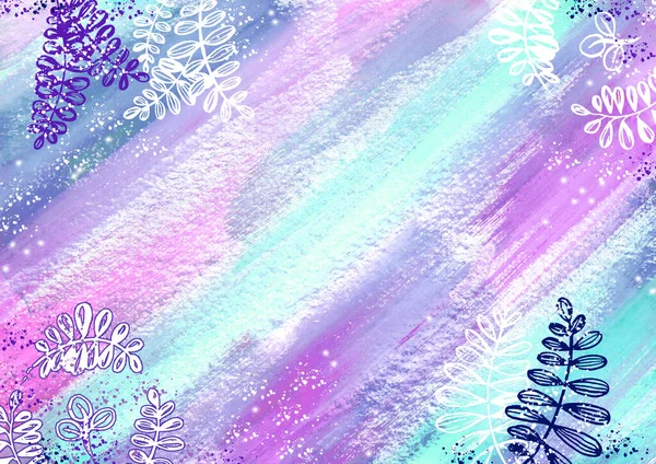 冬の水彩多色背景。図のスプラッシュ、雪と葉 — ストック写真