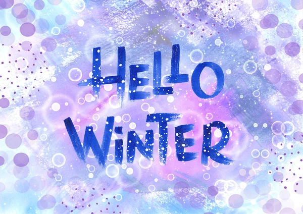 손으로 그린 푸른 겨울 문구 가 배경에 있습니다. Hello Winter - Watercolor text and bubble on purple and purple Colorful Backdrop. 붓고 물을 튀기다 — 스톡 사진