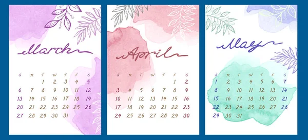 Akvarell Set Vår månad Kalender mall för 2022 år. Mars, maj och april. Veckan börjar söndag. Grön, lila, violett och rosa lutning färgglada stänk, plump och blad på vit bakgrund — Stockfoto