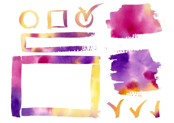 Watercolor Frames livre mão desenho blob texturizado. Definir laranja, vermelho, amarelo e violeta Elementos de moldura no branco. Infográfico, Catálogo, fundo. — Fotografia de Stock