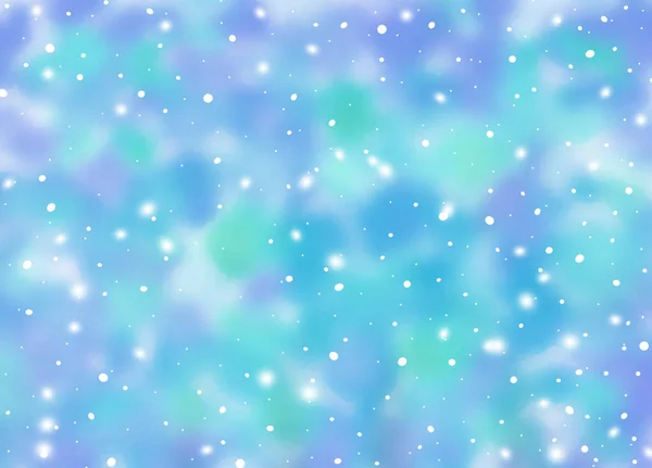Снег на размытом синем, зеленом и фиолетовом фоне. Зимнее небо. Акварель — стоковое фото