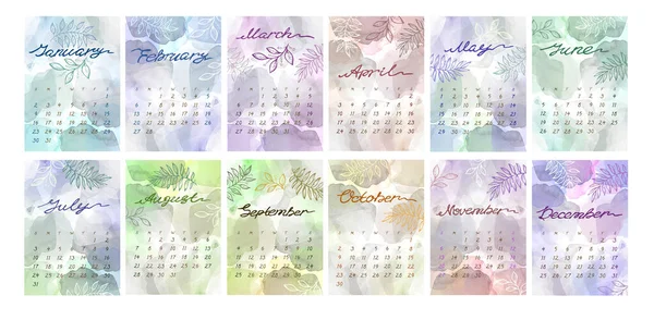 Plantilla de calendario de acuarela para 2022 año. La semana empieza el domingo. Enero, febrero, marzo abril mayo junio julio agosto, septiembre, octubre, noviembre, diciembre. Azul, verde, violeta, amarillo Salpicadura y hoja —  Fotos de Stock