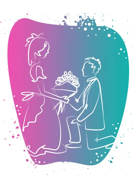 ラインアートスタイルの人々の結婚式のカップル。新郎が喜びの花嫁に花束をあげます。カラフルな背景の白いシルエット — ストック写真