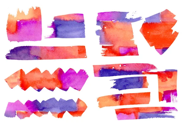 Aquarelle artistique jeu de dessin à main levée rouge, orange, pourpre et violet taches et éclaboussures. Cadre aquarelle abstrait mur de briques éléments texturés sur fond blanc. Infographie, manga et catalogue — Photo