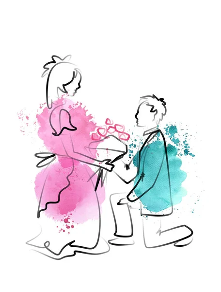 Um casal de pessoas em estilo de arte de linha. Um homem dá um buquê a uma rapariga alegre. Silhuetas aquarela no fundo branco — Fotografia de Stock